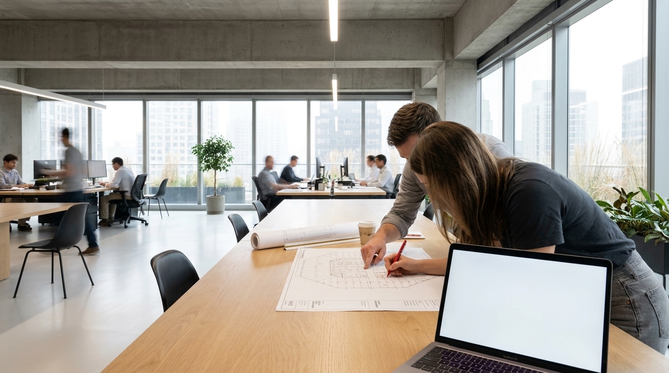A woman and a man bent over the floor 73 framing plan, her red pen on it, the app open on a laptop in front of them