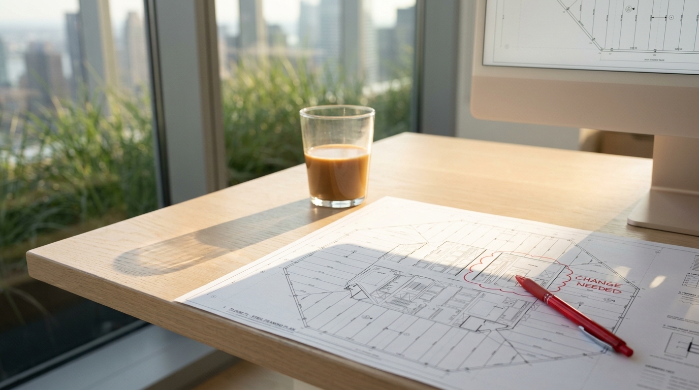 An engineer’s desk on a Friday afternoon: the set on the screen, the print redlined