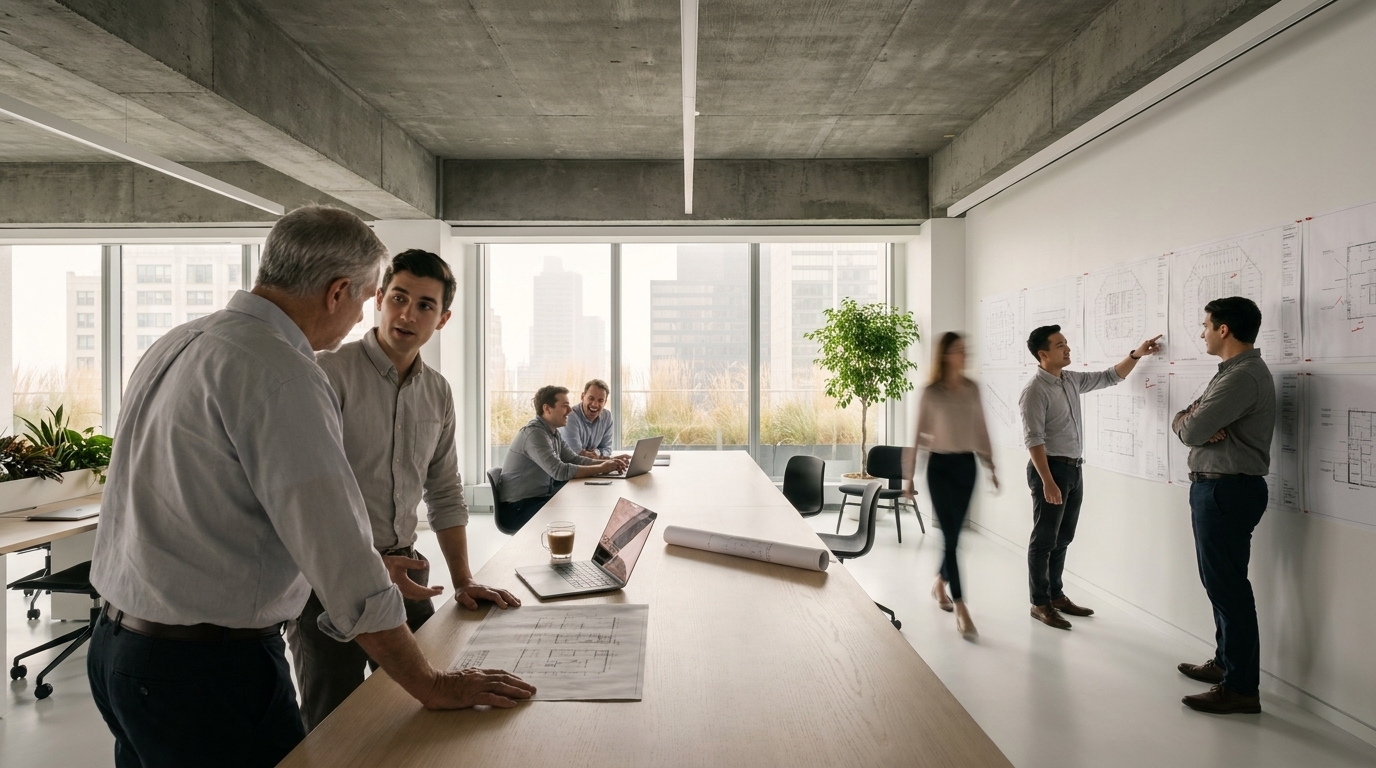 One room: engineers and researchers at one table, the set pinned on the wall
