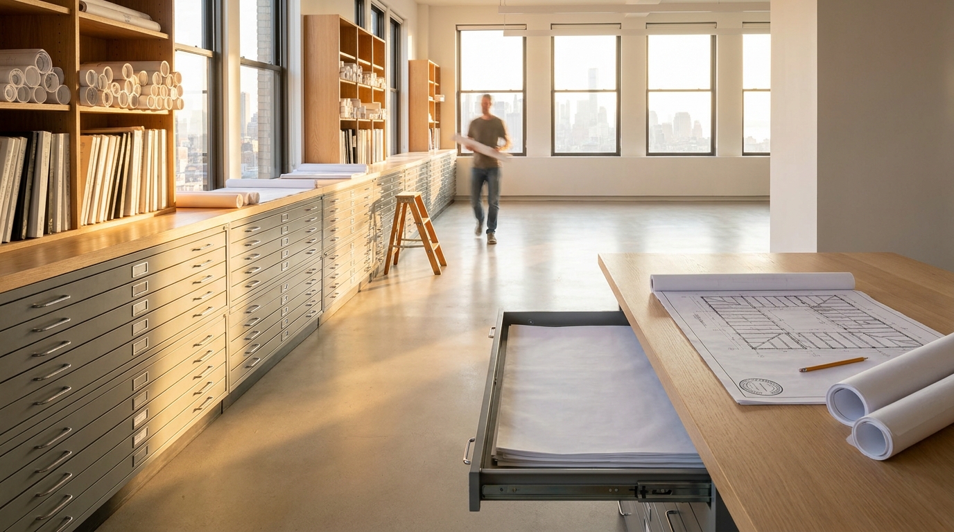 The plan room of a New York structural office: tubes and flat files wall to wall, a set open on the table